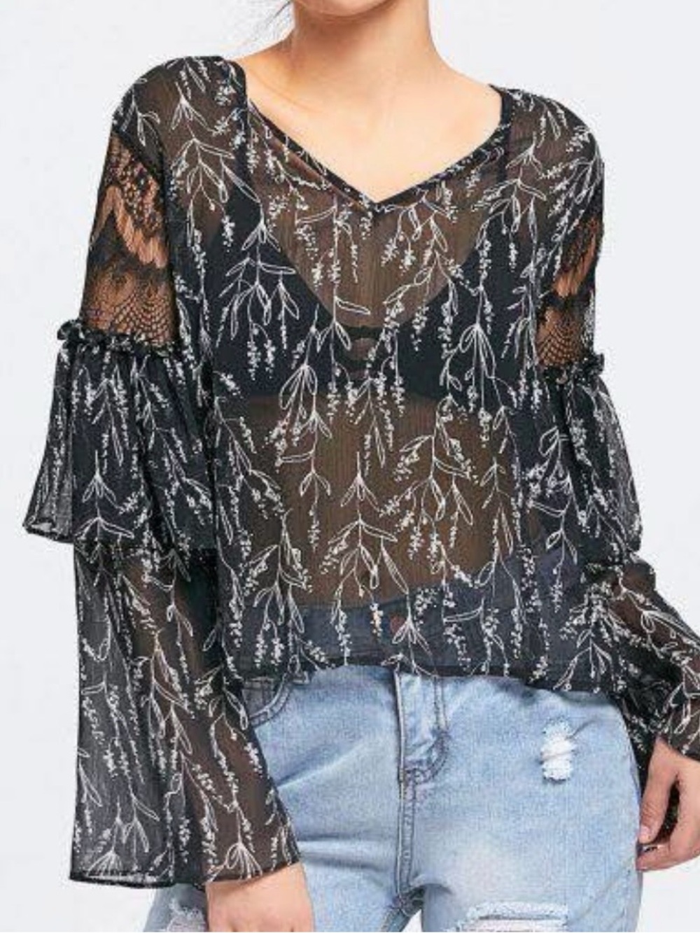 Zara Black Combined Lace Sheer Bell Sleeve XS Blouse Top